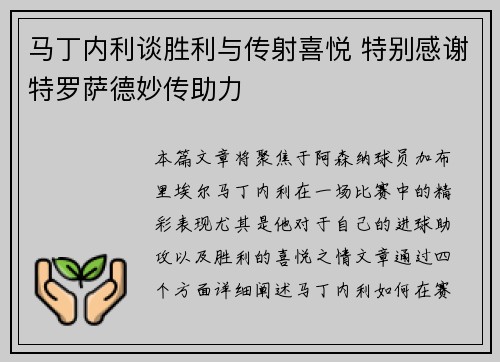 马丁内利谈胜利与传射喜悦 特别感谢特罗萨德妙传助力