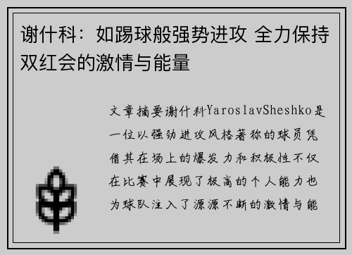 谢什科：如踢球般强势进攻 全力保持双红会的激情与能量
